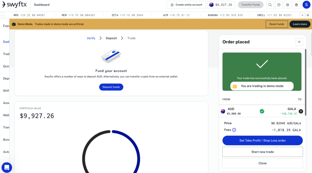 Best Crypto Exchanges in Australia: Swyftx Demo Mode