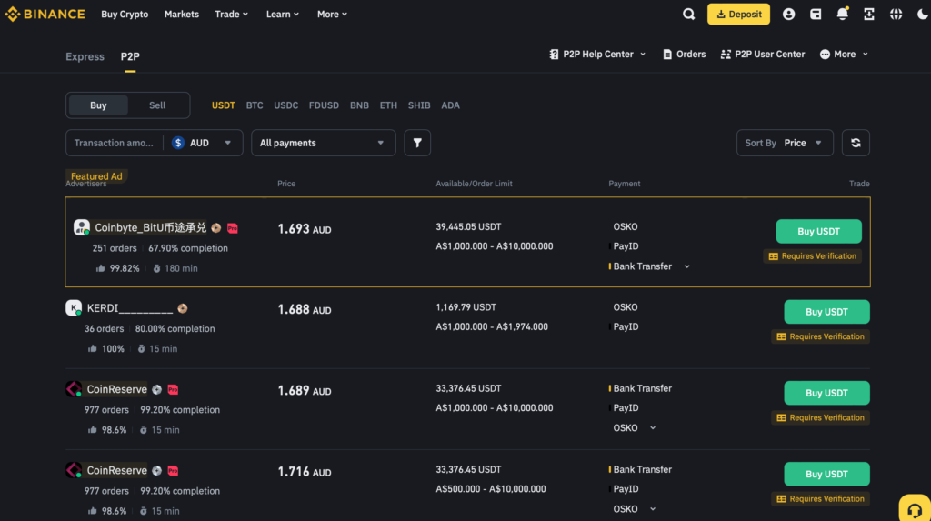 Binance Australia Alternatives: Binance P2P trading